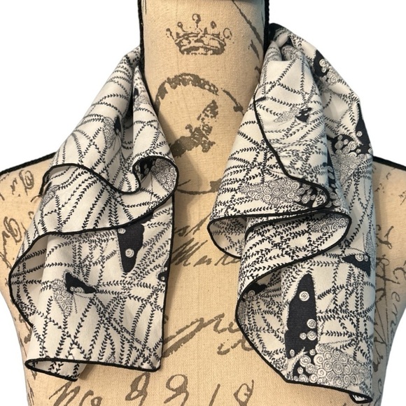 Accessories - Scarf, square, black and white abstract design with butterflies.